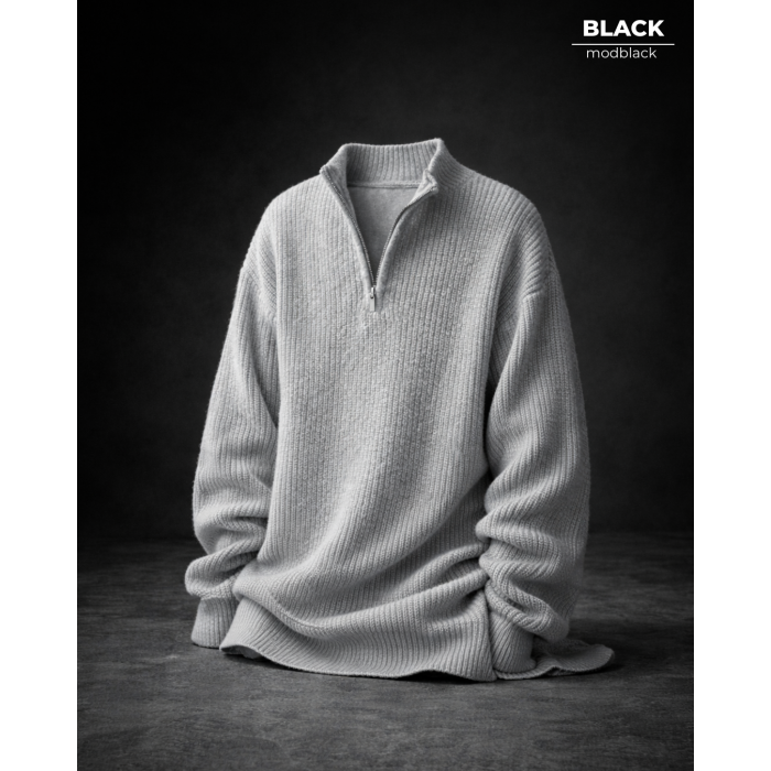 Oversize Yarım Fermuarlı Selanik Örgü Erkek Kazak