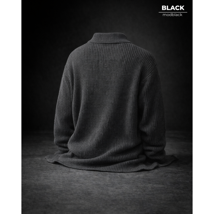 Oversize Yarım Fermuarlı Selanik Örgü Erkek Kazak - Antrasit