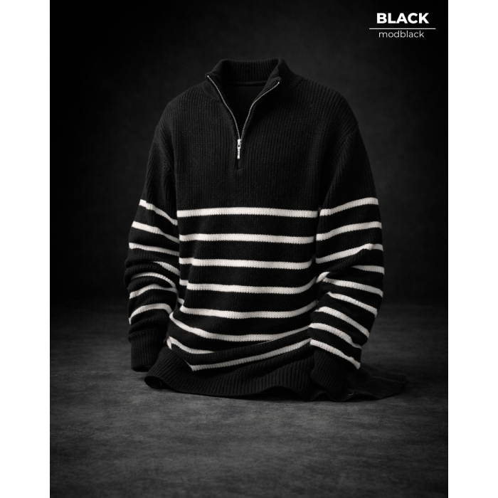 Oversize Yarım Fermuarlı Selanik Örgü Kazak - Koyu Füme