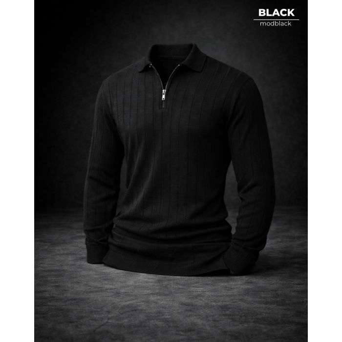 Oversize Yarım Fermuarlı Selanik Örgü Kazak - Siyah