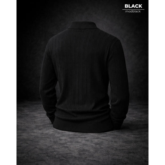 Oversize Yarım Fermuarlı Selanik Örgü Kazak - Siyah