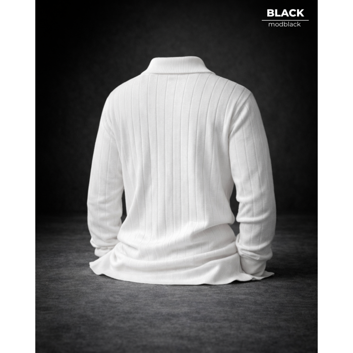 Oversize Yarım Fermuarlı Selanik Örgü Kazak - Beyaz