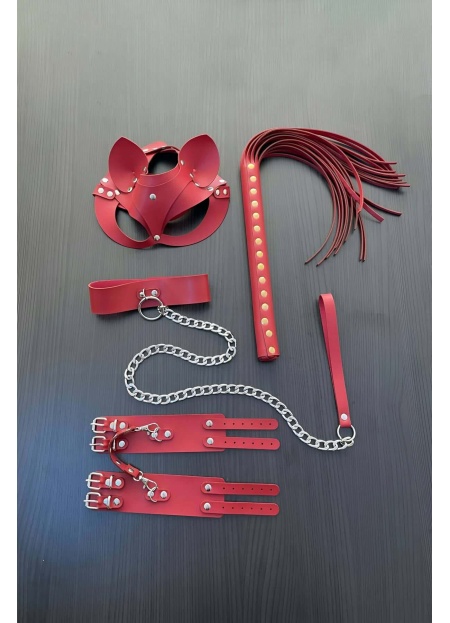 Kırmızı Fantezi Set Kırbaç Kelepçe Tasma Maske Takım
