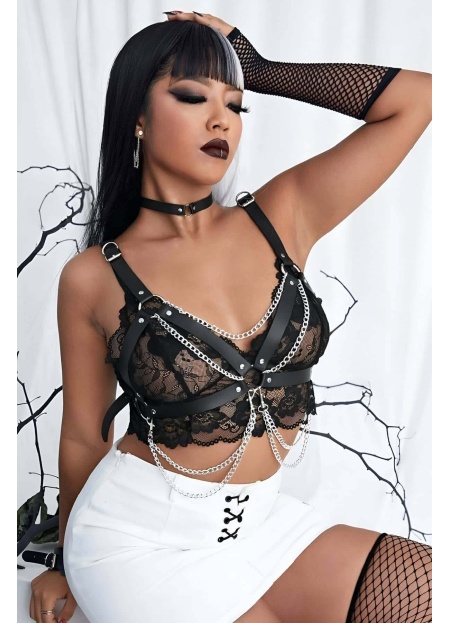 Şık Deri Zincirli Göğüs Tasma Ve Bileklik Takım Harness