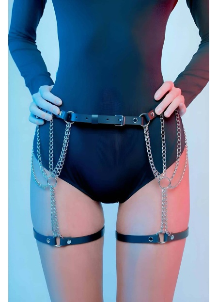 Zincir Detaylı Seksi Deri Belden Askılı Bacak Jartiyer Harness