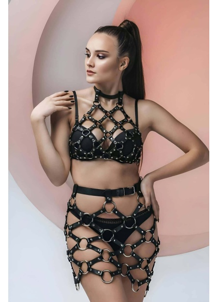 Çapraz Bağlı Crop Ve Etek Deri Fantazi Takım