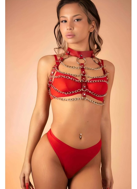 Zincir Dekolteli Göğüs Üzeri Deri Fantazi Harness