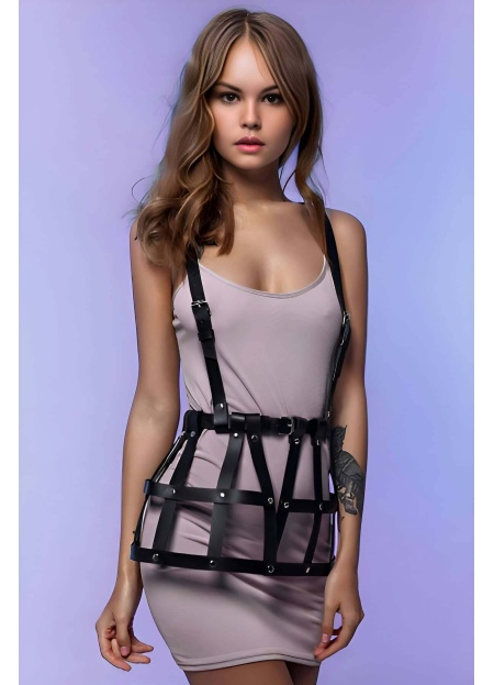 Kafes Tasarımlı Askılı Mini Elbise Üzeri Deri Harness