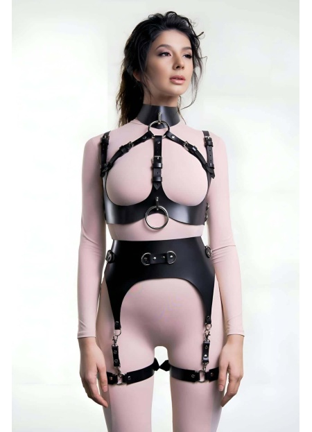 Halkalı Göğsü Açık Deri Jartiyer Harness Takım