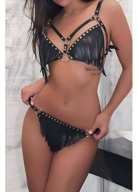 Püsküllü Deri Şık Sütyen Külot Harness Takım