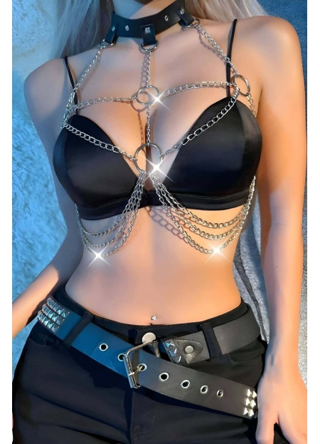 Zincirli Giysi Üzeri Göğüs Harness Crop Büstiyer
