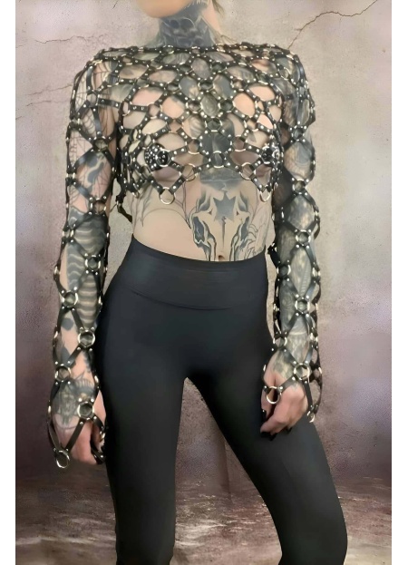 Çapraz Uzun Kollu Deri Crop Bağlamalı Büstiyer Harness