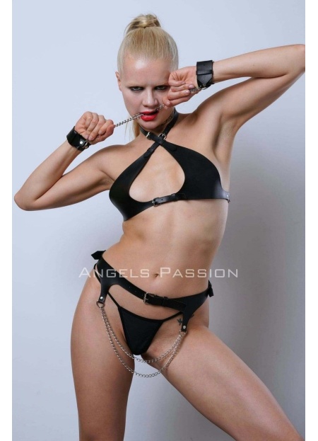 Fantazi Deri İç Giyim Deri Kelepçe Ve Bel Harness Takım