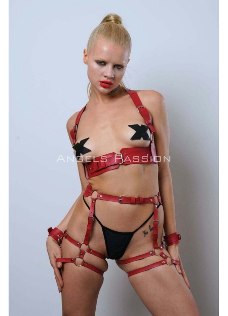 Kelepçeli Deri Fantezi Giyim Deri Harness Set