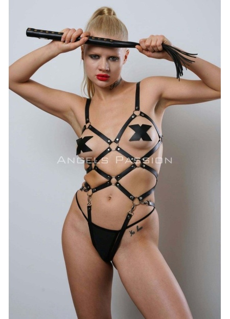 Kırbaçlı, Deri Fantezi Giyim Vücudu Saran Full Body Harness