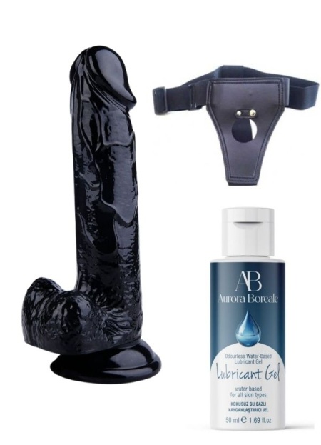 Censan Belden Bağlamalı Kayganlaştırıcı Set Noctis 20cm Siyah Dildo No:17