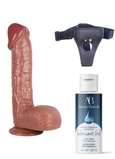 Censan Belden Bağlamalı Kayganlaştırıcı Set Noctis 34cm Kahverengi Dildo No:72