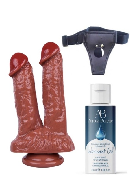 Censan Belden Bağlamalı Kayganlaştırıcı Set Noctis 21cm Kahverengi Çiftli Dildo No:61