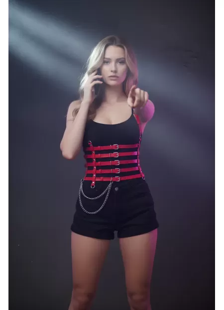 Zincir Detaylı 5 Sıralı Kırmızı Deri Kemer, Deri Korse Kemer - APFT626