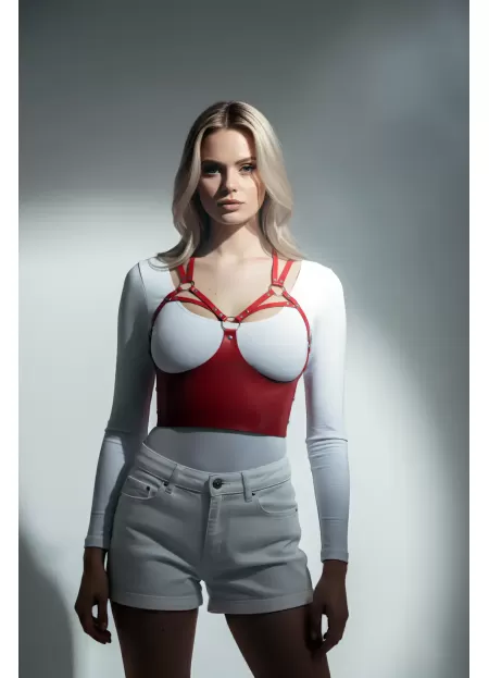 Göğüs Detaylı Deri Kırmız Harness Büstiyer, Şık Deri Korse - APFT872