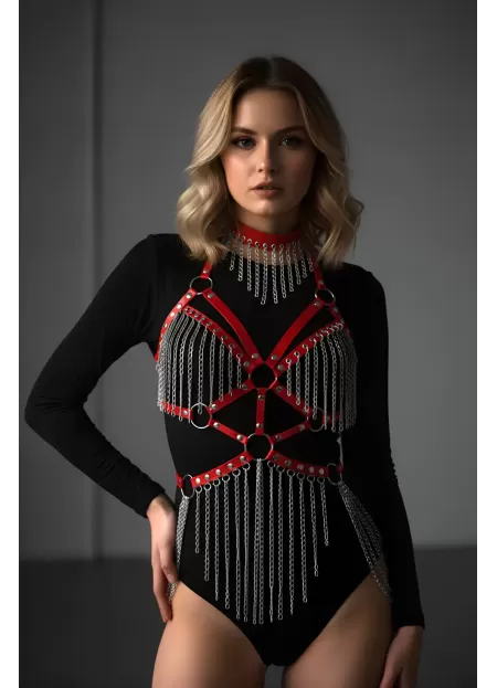 Deri ve Zincir Detaylı Harness Takım, Deri Dansçı Kostüm, Choker Detaylı Deri Harness - APFT1397