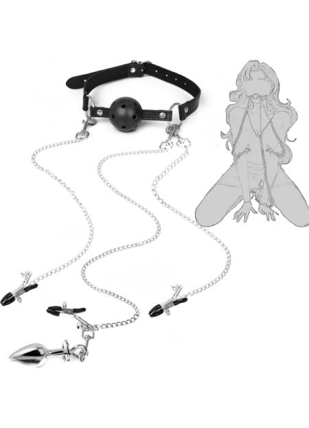 BDSM 4’ü 1 Arada Bondage Seti – Ağızlık, Klipsler ve Anal Plug Zincir