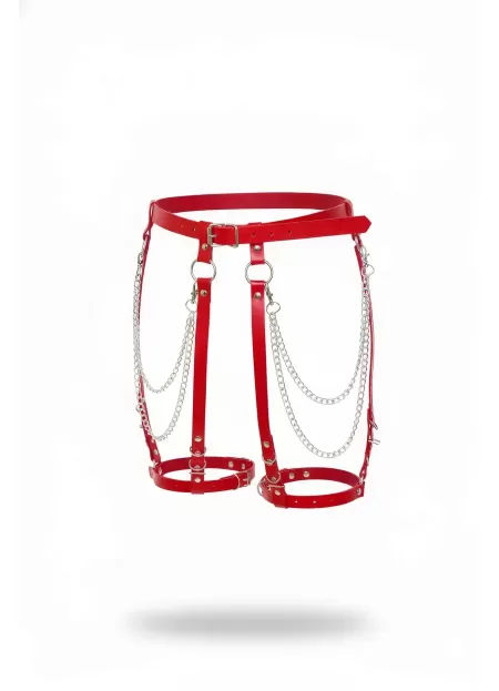 Kırmızı Jartiyer Harness Zincir Detaylı Suni Deri Tokalı - APFT958