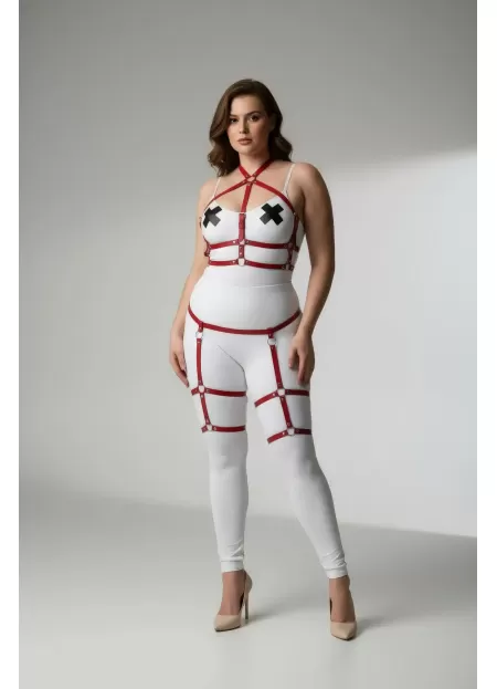 Büyük Beden Kırmızı Kadın Jartiyer Harness Deri Vücut Aksesuarı Kombini - APFT272