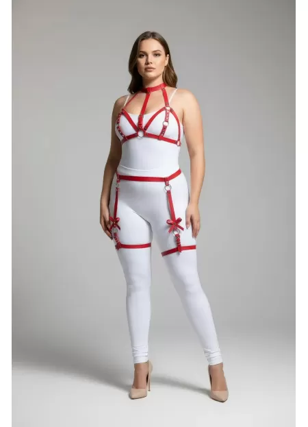 Büyük Beden Kırmızı Kadın Deri Görünümlü Fiyonk Detaylı Jartiyer Harness Takım - APFT310
