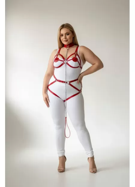Büyük Beden Kırmızı Kadın Jartiyer Harness Zincir Detaylı Deri Tam Vücut Aksesuarı - APFT311