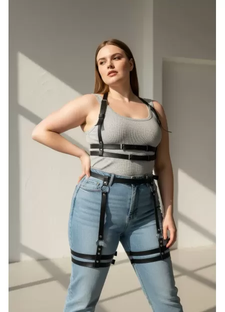 Büyük Beden Siyah Kadın Deri Jartiyer Harness Alt Üst Vücut Aksesuarı - APFT537