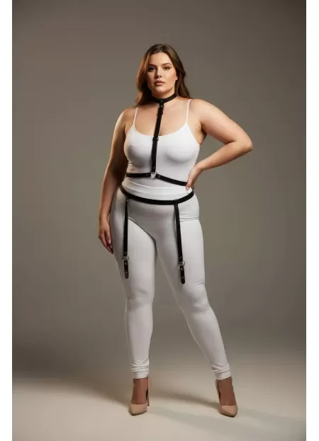 Büyük Beden Siyah Kadın Jartiyer Harness Boyun ve Bacak Detaylı Deri Aksesuar - APFT230