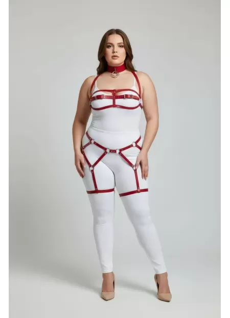 Büyük Beden Kırmızı Kadın Jartiyer Harness Deri Görünümlü Vücut Kombini - APFT242