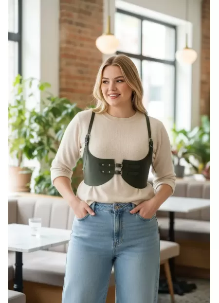 Büyük Beden Haki Kadın Kemer Omuz Askılı Korse Harness - APFT605