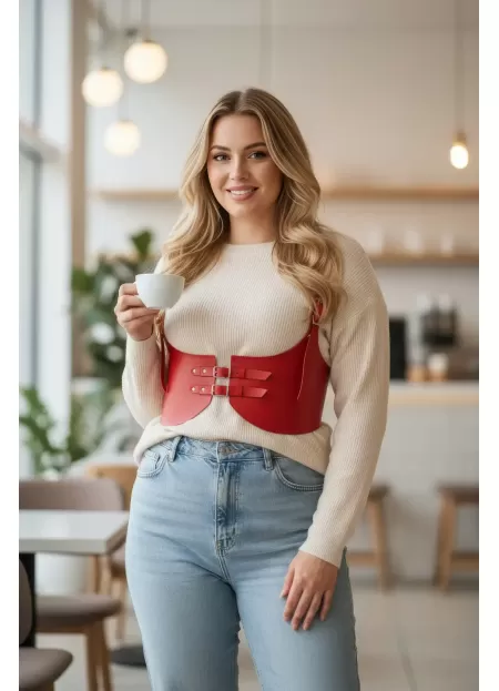 Büyük Beden Kırmızı Kadın Kemer Deri Korse Model Beli Şekillendiren - APFT605