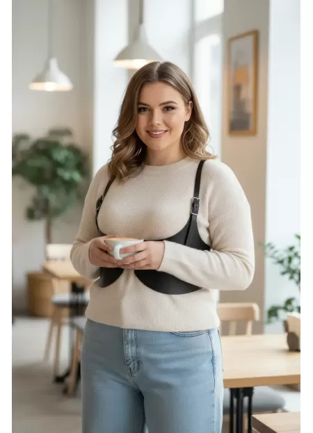 Büyük Beden Siyah Kadın Kemer Deri Harness Detaylı Şık Vücut Aksesuarı - APFT605