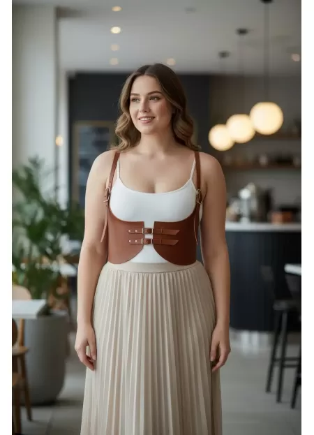 Büyük Beden Taba Kadın Kemer Askılı Deri Korse Stil Kombin Tamamlayıcı - APFT605