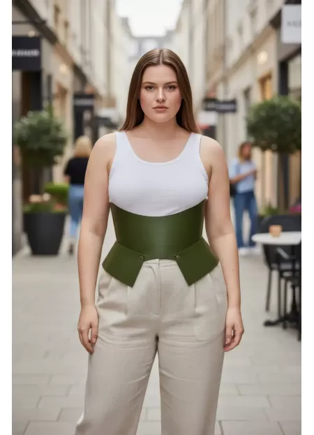 Büyük Beden Haki Kadın Kemer Korse Stili Kalın Deri Tasarım - APFT611