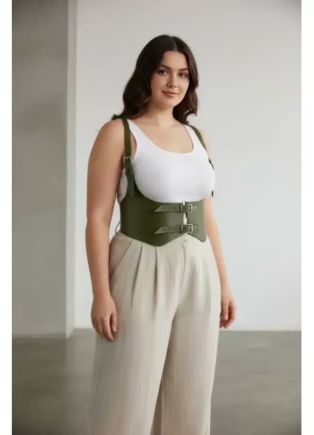 Büyük Beden Haki Kadın Kemer Korse Stil Omuz Askılı Çift Tokalı - APFT612