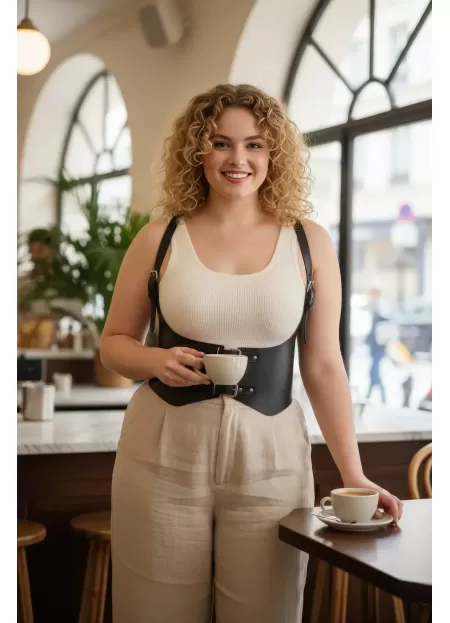 Büyük Beden Siyah Kadın Deri Korse Kemer Omuz Askılı Kombin Tamamlayıcı - APFT612