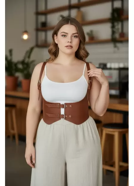 Büyük Beden Taba Kadın Kemer Omuz Askılı Korse Detaylı Deri Kombin Tamamlayıcı - APFT612
