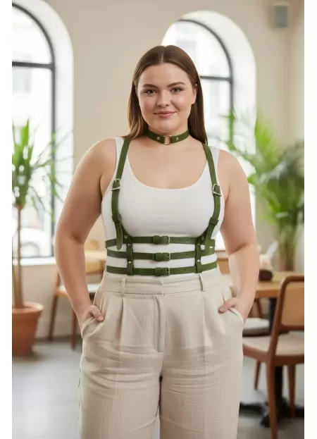 Büyük Beden Haki Kadın Deri Kemer Çoklu Tokalı Harness Vücut Aksesuarı - APFT615