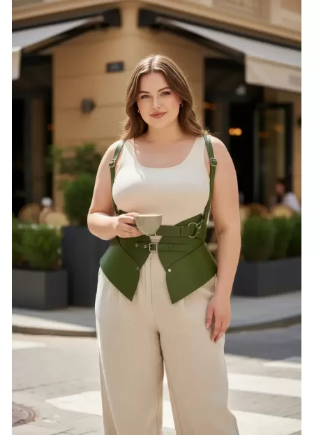 Büyük Beden Haki Kadın Kemer Omuz Askılı Korse Tarzı Bel Şekillendirici - APFT616