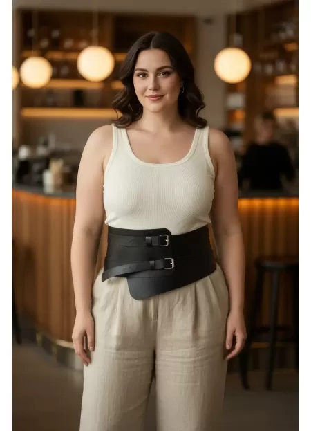 Büyük Beden Siyah Kadın Deri Korsaj Kemer Çift Tokalı Bel Vurgulayan - APFT617