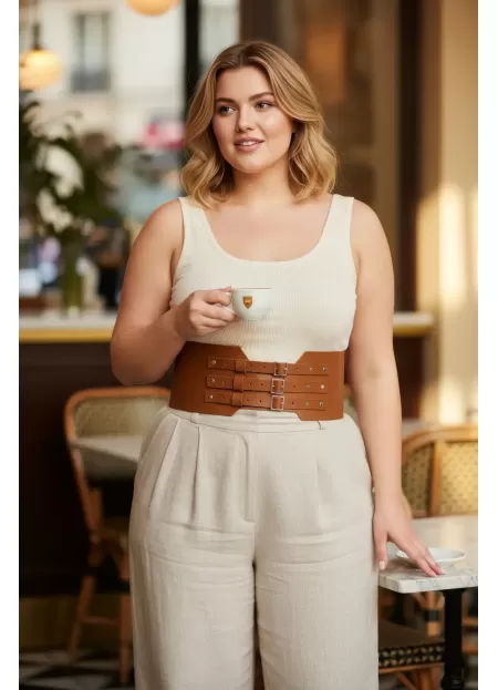 Büyük Beden Taba Kadın Kemer Üç Tokalı Geniş Korse Bel Vurgulayıcı - APFT618