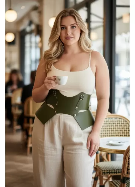 Büyük Beden Haki Kadın Kemer Korse Görünümlü Kalın Deri - APFT619