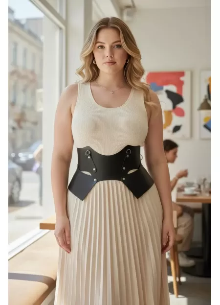 Büyük Beden Siyah Kadın Kemer Korse Görünümlü Geniş Deri Halka Detaylı - APFT619