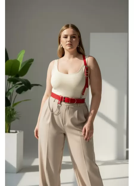 Büyük Beden Kırmızı Kadın Kemer Zincir Detaylı Harness Vücut Aksesuarı - APFT620