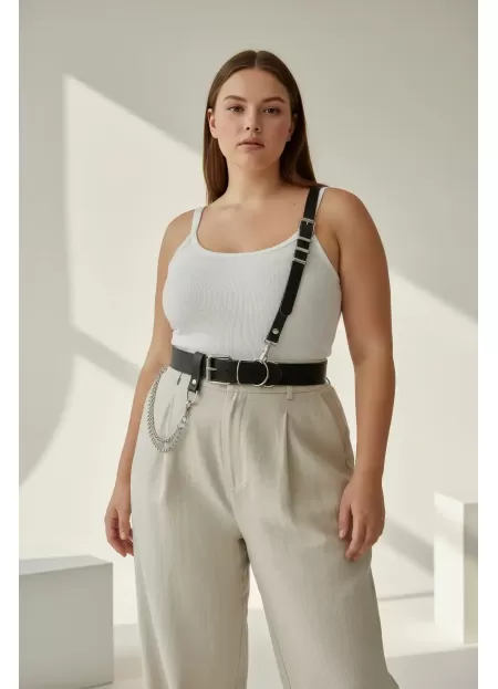 Büyük Beden Siyah Kadın Kemer Zincir Detaylı Harness Tasarım - APFT620