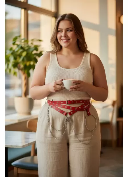 Büyük Beden Kırmızı Kadın Kemer Çoklu Kayışlı Zincir ve Halka Detaylı - APFT621